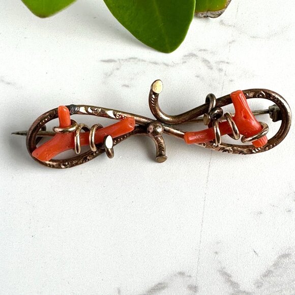 Antique Victorian Brooch, Red Coral Branches, Gold Filled Ornate Pin, 1800s - Picture 9 of 9